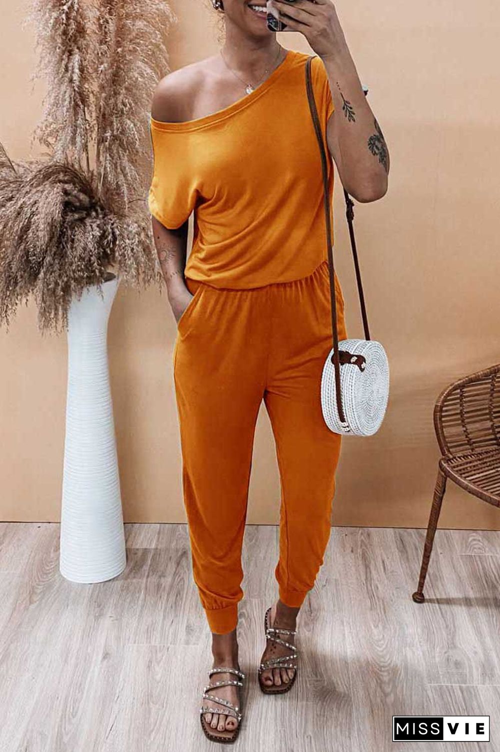 Solid Color Short Sleeve Pocket One Piece Jumpsuit