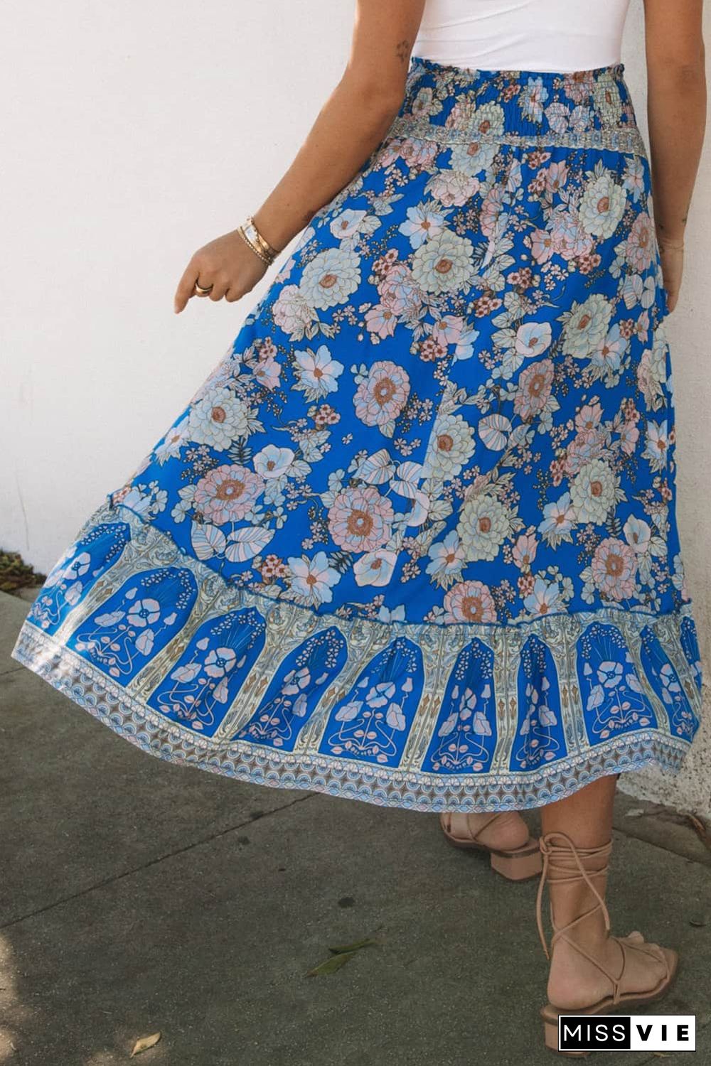 Blue Smocked Waist Boho Floral Maxi Skirt