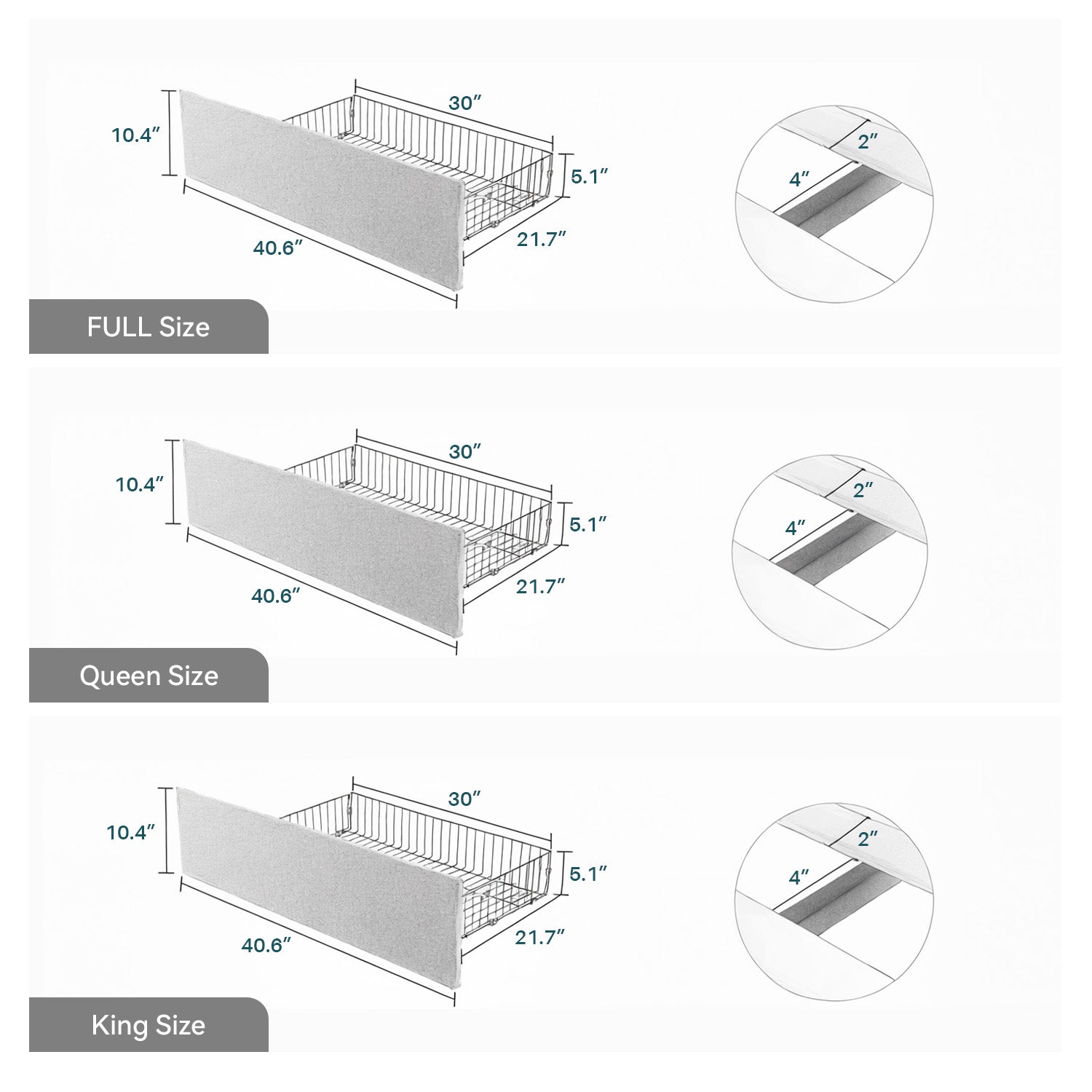 Upholstered Bed Frame with 4 Drawers Storage and Headboard with Wood Slat Support, No Box Spring Needed