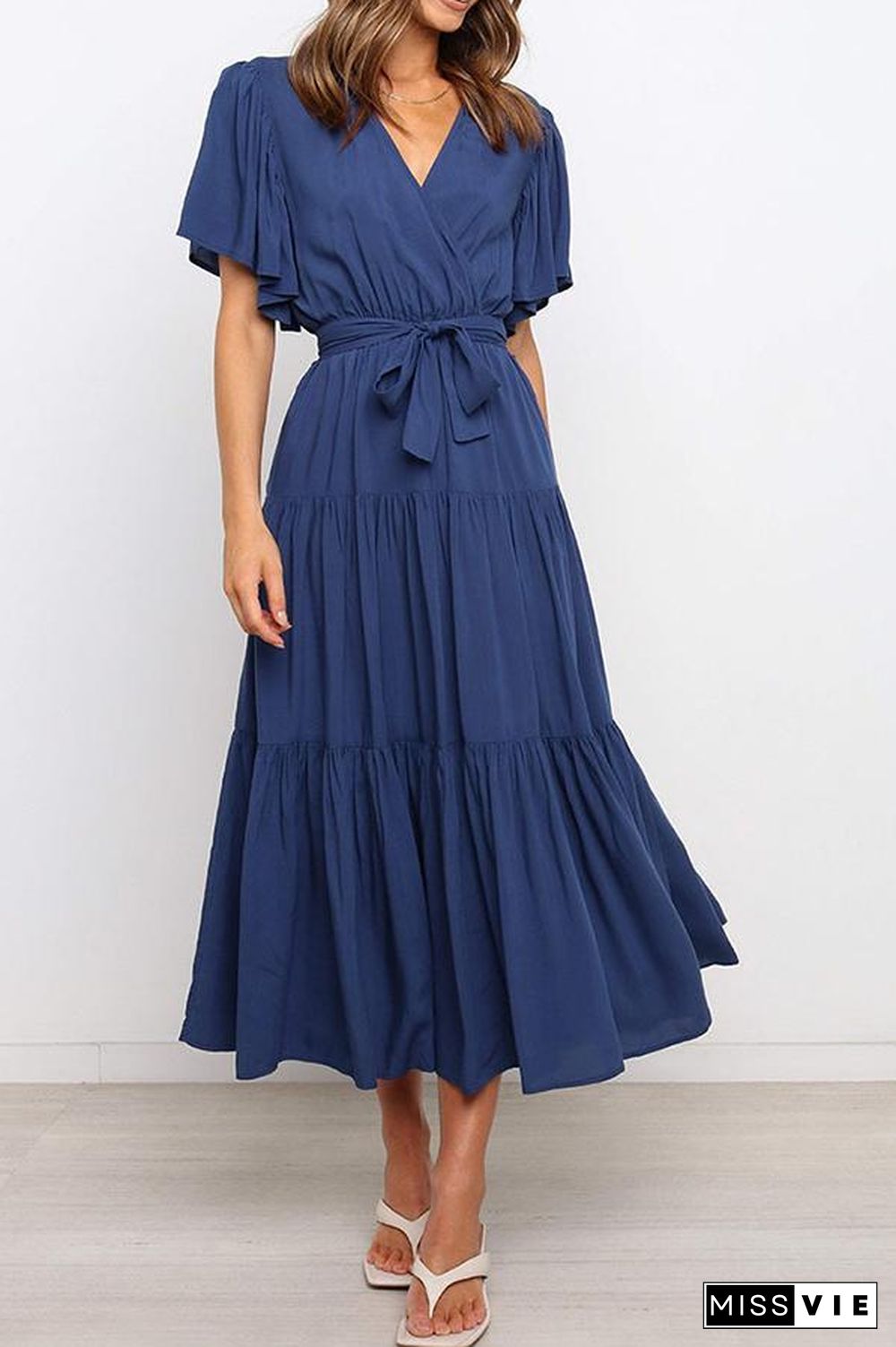 Ruffled Sleeve V-neck Tie Waist Maxi Dress P14492