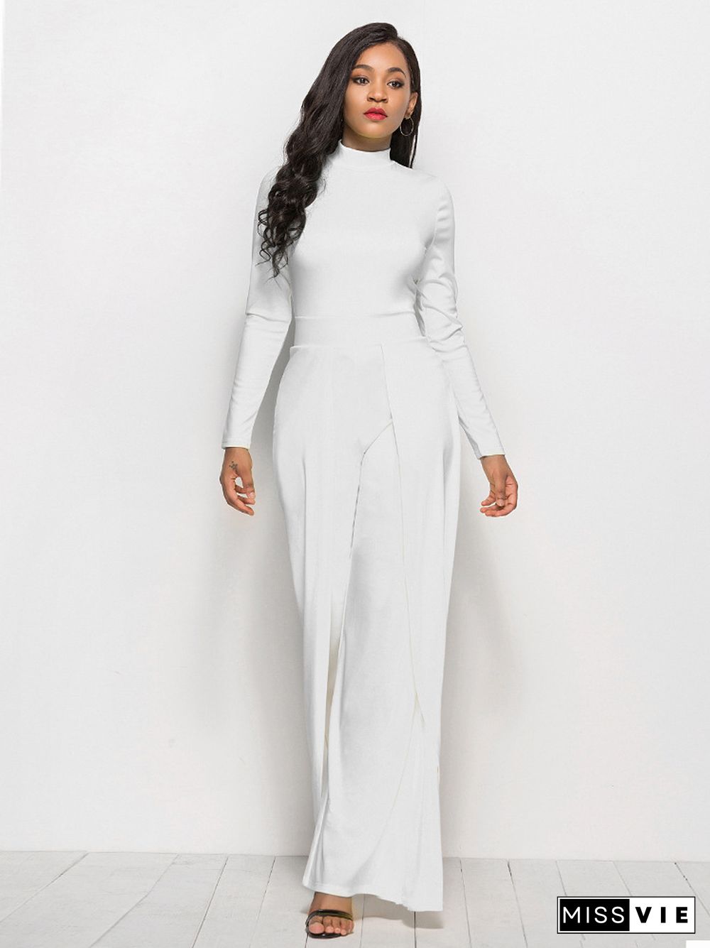 Fashion Crew Neck Long Sleeve Wide Leg Jumpsuit