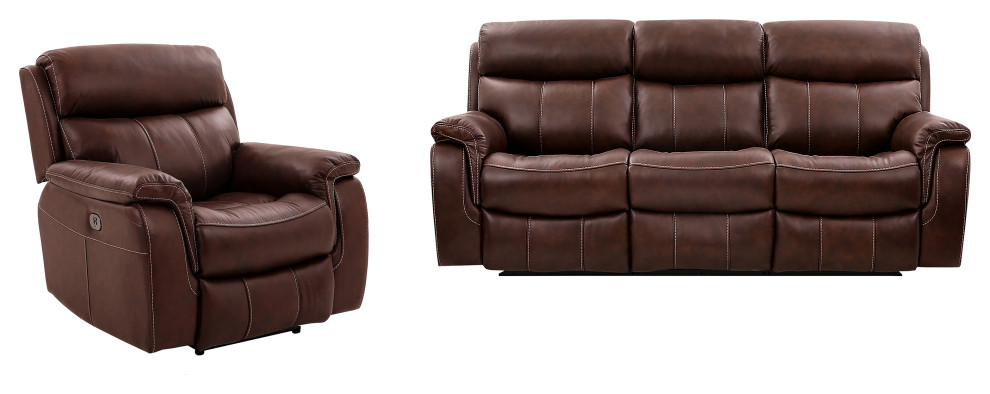 Montague Dual Power Reclining 2 Piece Sofa and Recliner Set  Brown Leather   Contemporary   Living Room Furniture Sets   by Homesquare  Houzz