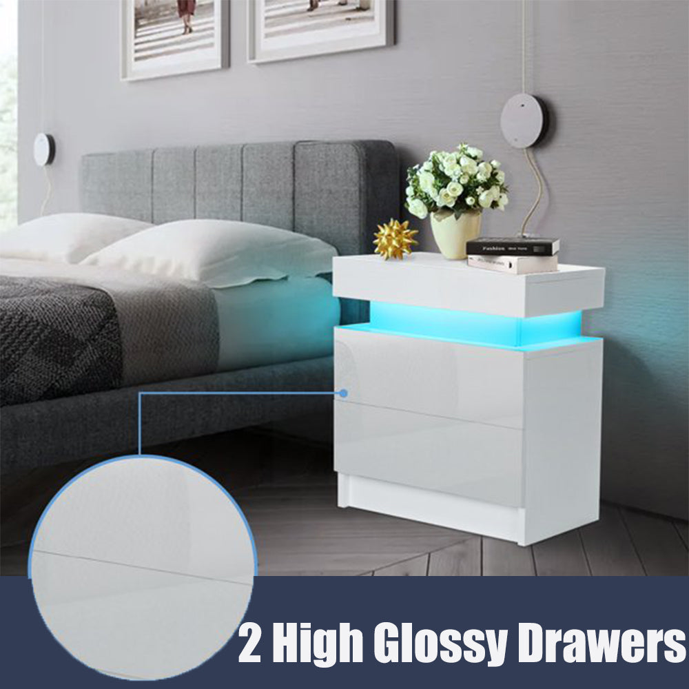 High Gloss Bedside Table Thicken LED Nightstand Cabinet With 2 Drawers,Brighten LED Light Strip Remote Control,White (High Quality Upgraded Version)