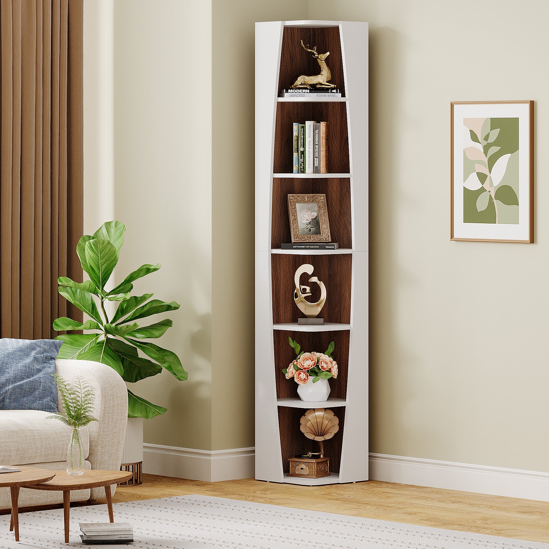 70.9 Corner Bookshelf, 6-Tier Bookcase Display Shelves with Storage