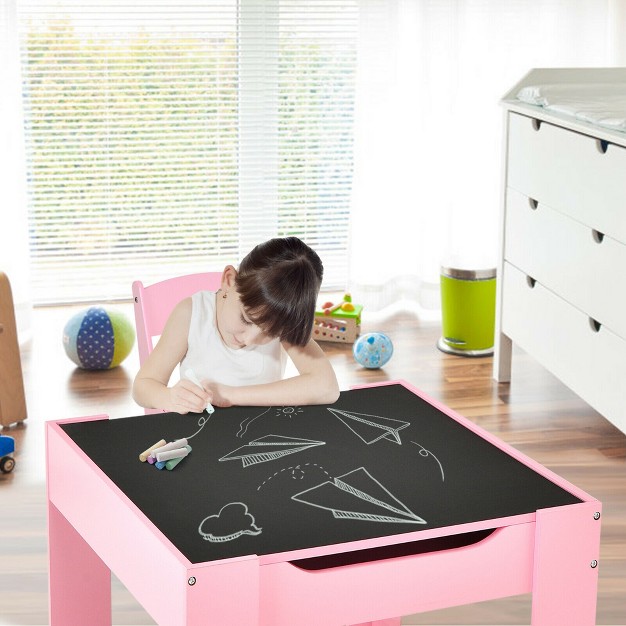 Costway 3 In 1 Kids Wood Table Chairs Set W Storage Box Blackboard Drawing Pink