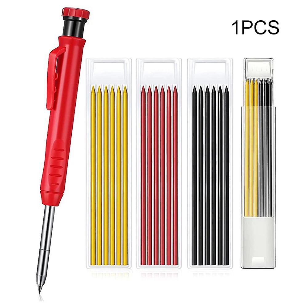 1pc Red Solid Carpenter Pencil Built-in Sharpener Deep Hole Marker Pen Carpenter Marking Tool 6 Black Yellow Refill Leads