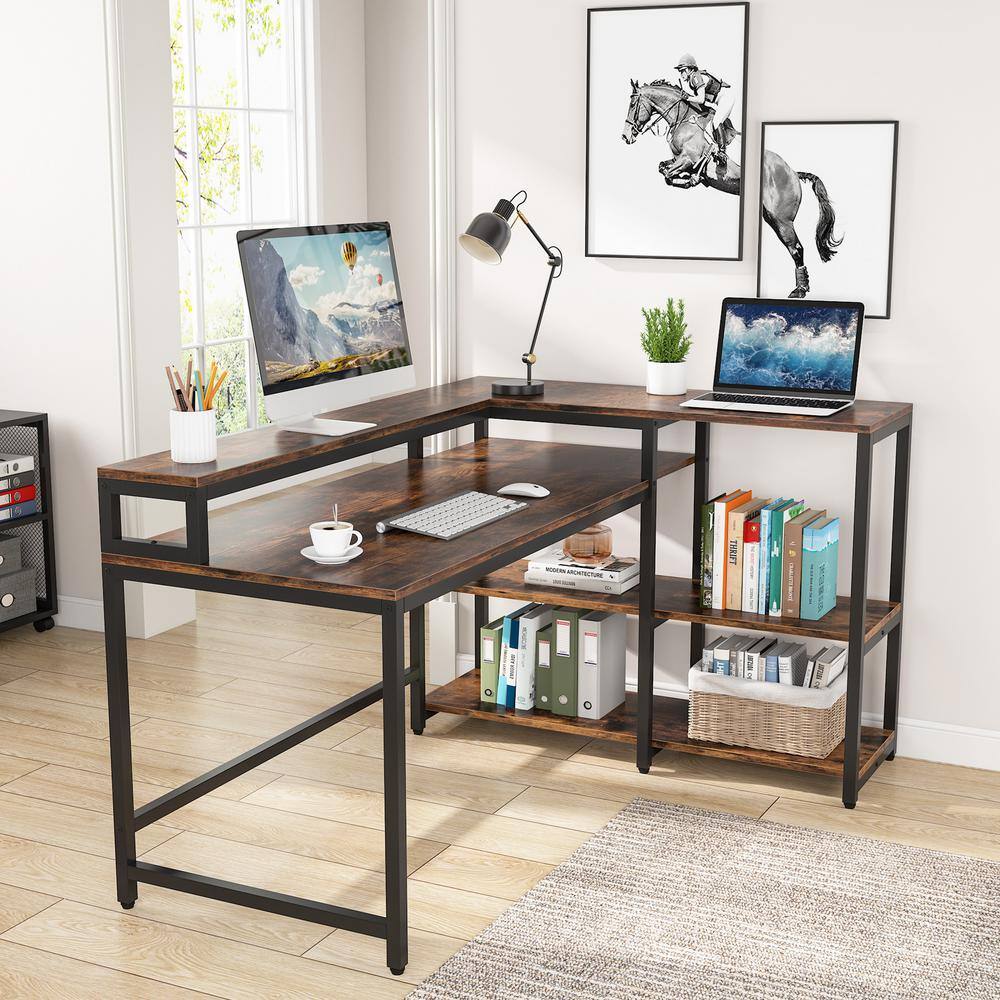 TRIBESIGNS WAY TO ORIGIN Halseey 55 in. W L-Shaped Brown Corner Computer Desk Writing Studying Reading Desk 2-Tier Storage Shelves Monitor Stand HD-JW0052-WZZ