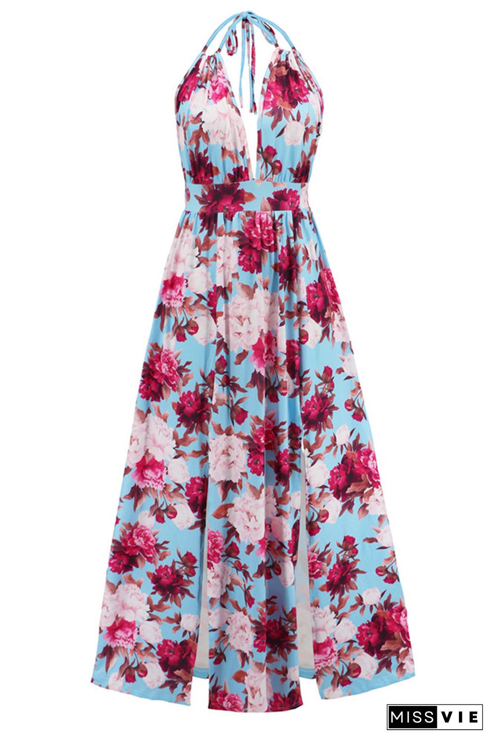 V Neck Halter Backless High Split Floral Maxi Dress