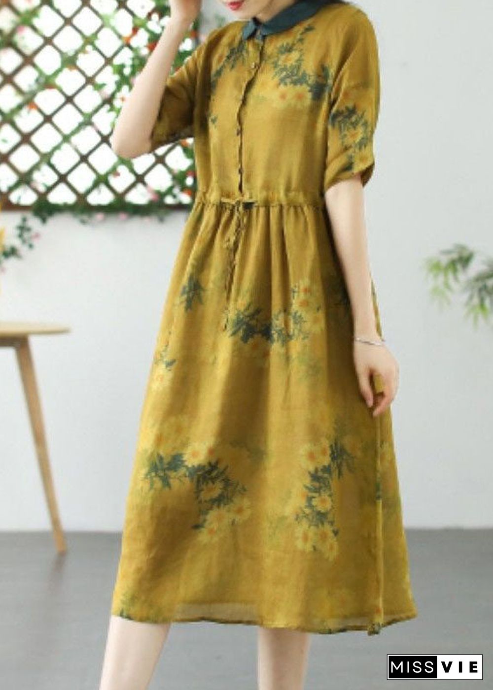 French Grass Green Peter Pan Collar Print Patchwork Linen Dresses Summer