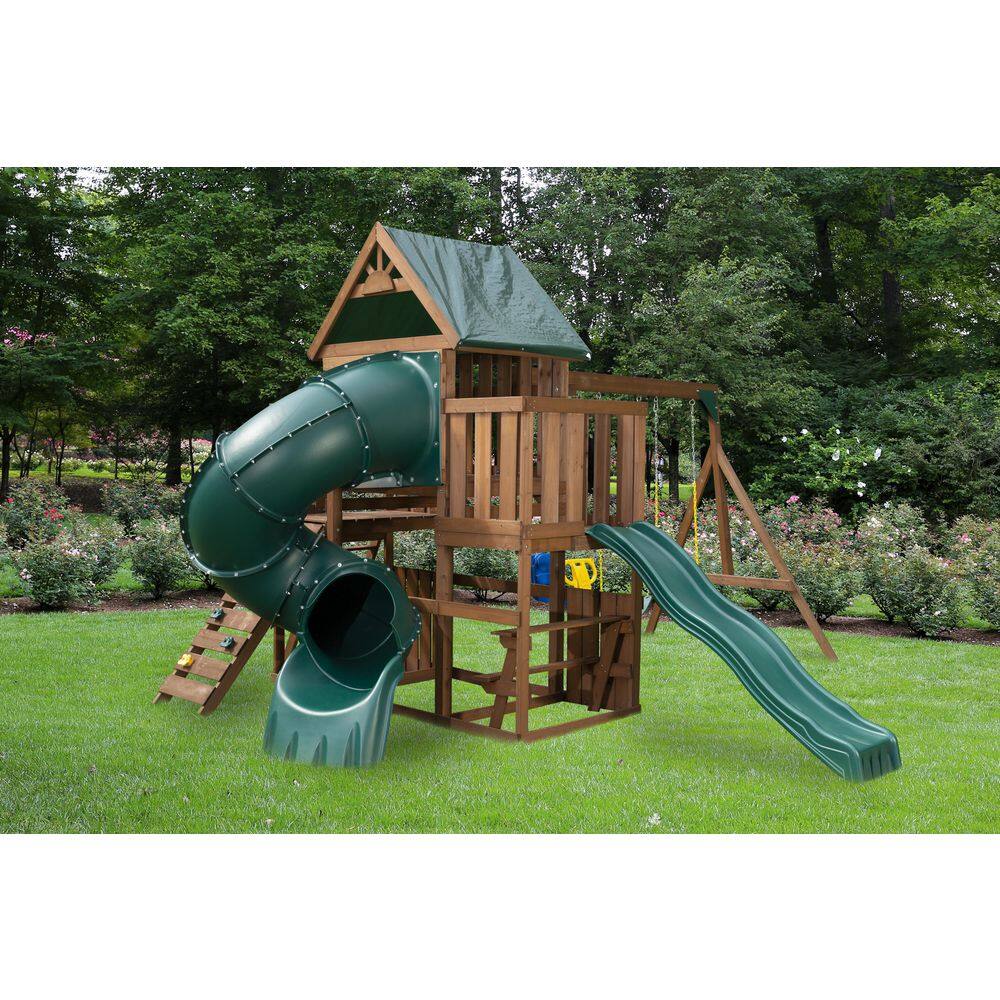 Swing-N-Slide Playsets Tellico Terrace Ready-To-Assemble Wooden Outdoor Playset with 2 slides Rock Wall Tarp Roof and Swing Set Accessories WS 8359