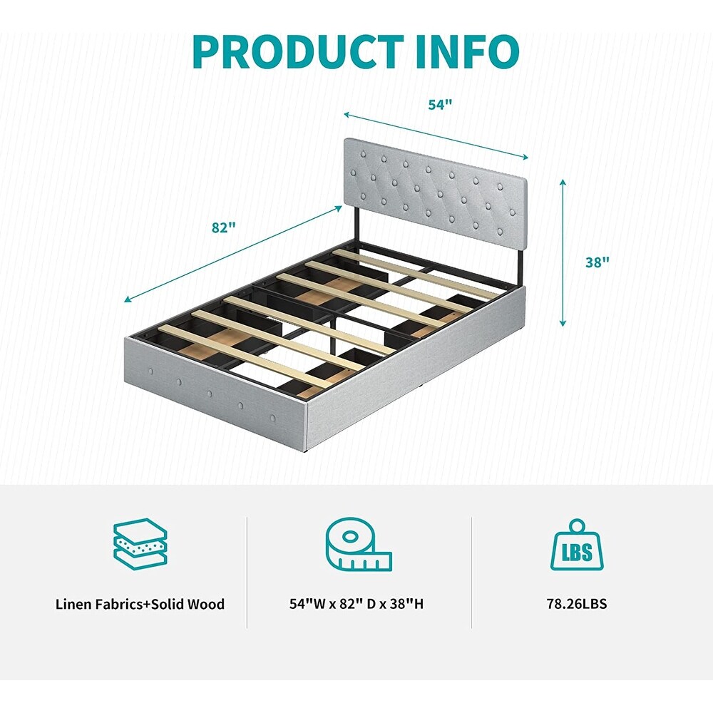 Mixoy Upholstered Platform Bed Frame with 4 Built in Storage Drawers   Adjustable Headboard