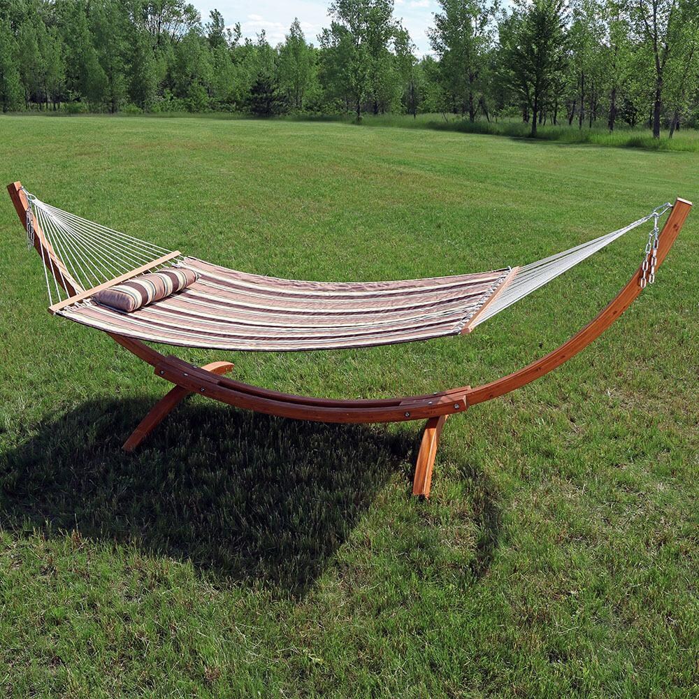 Ultimate Patio Quilted Double Hammock w/ 12-Foot Wood Stand and Pillow