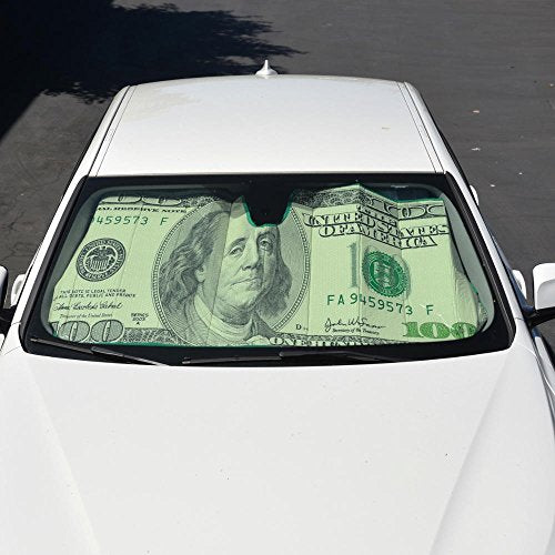 Hundred Dollar Bill Auto Sun Shade for Car SUV Truck - Green Benjamin Franklin - Double Bubble Foil Jumbo Folding Accordion for Windshield