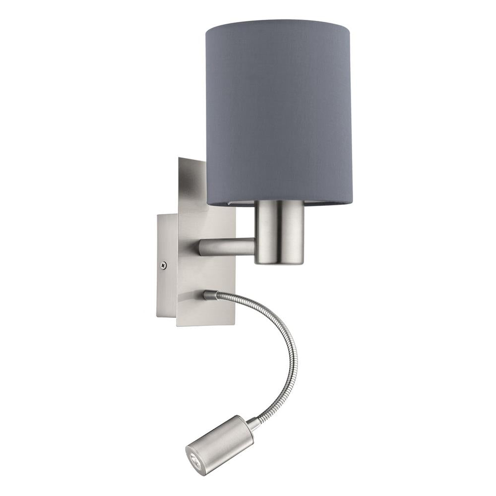 Eglo 96479 Pasteri Satin Nickel Wall Lamp with Grey Shade & LED 3.5W Reading Light