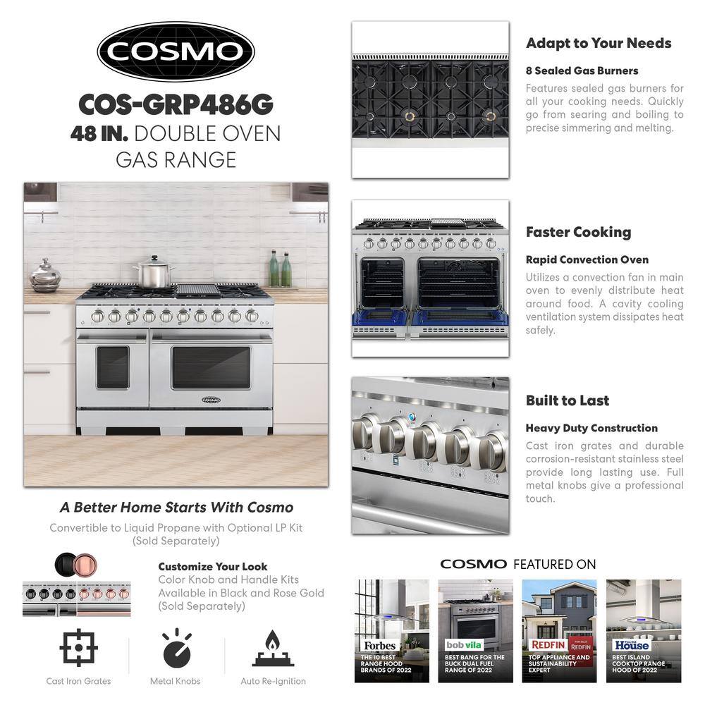 Cosmo Commercial-Style 48 in. 5.5 cu. ft. Double Oven Gas Range with 8 Italian Burners in Stainless Steel COS-GRP486G