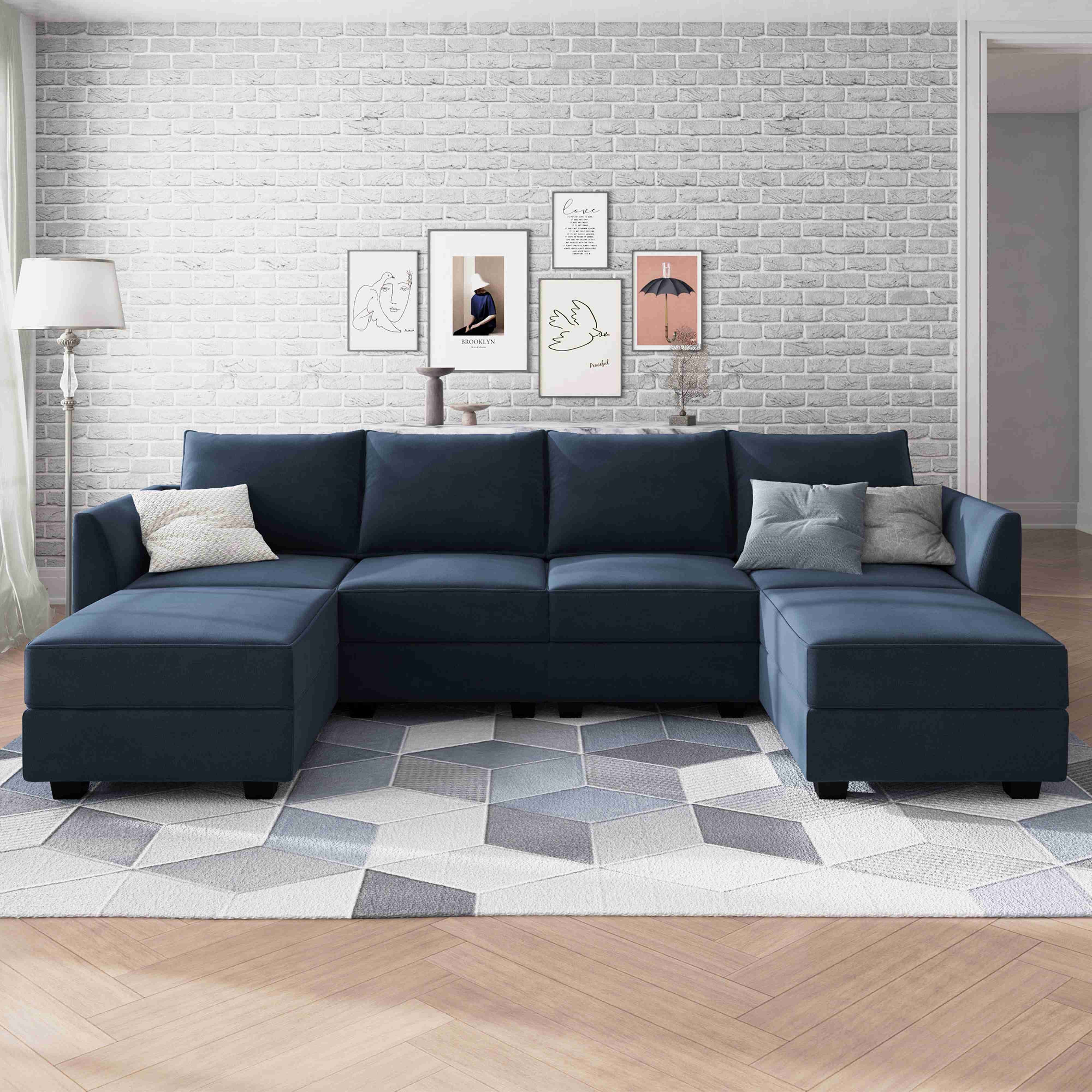 HONBAY Velvet Upholstered Sectional Sleeper Sofa with Storage Ottomans, Navy Blue