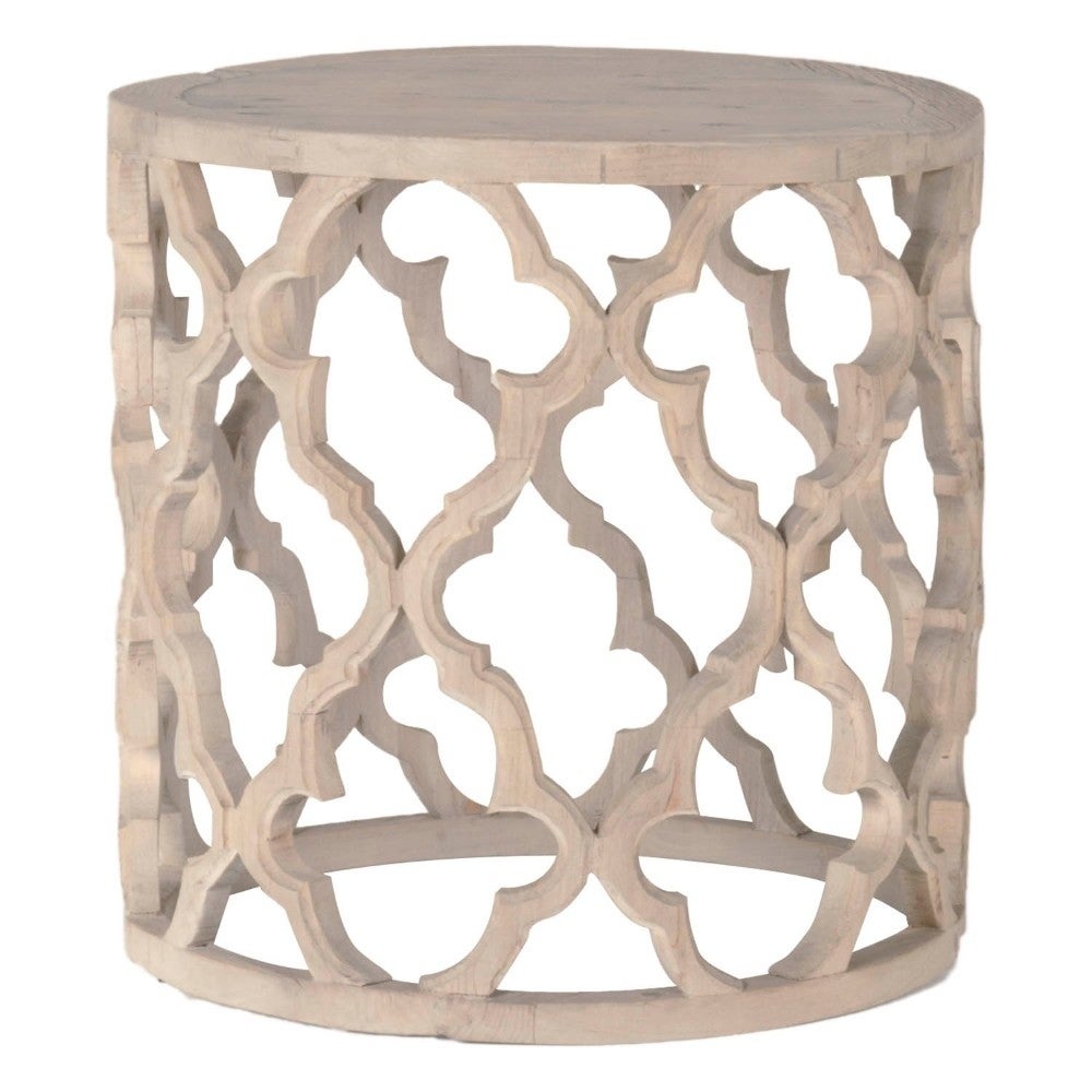 Round End Table In Wood With Quatrefoil Design， Brown