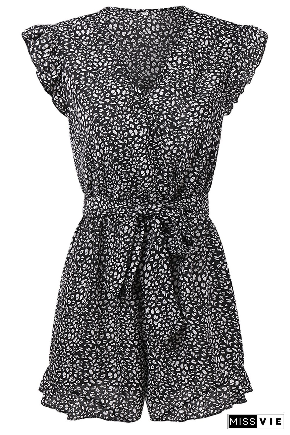 Polka Dot Ruffles Sleeve V-neck Chiffon Romper With Belt Wholesale