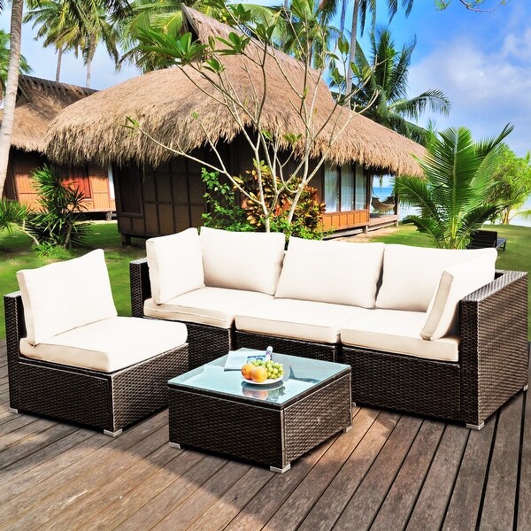 Gymax 5PCS Rattan Patio Conversation Set Sofa Furniture Set w/ White