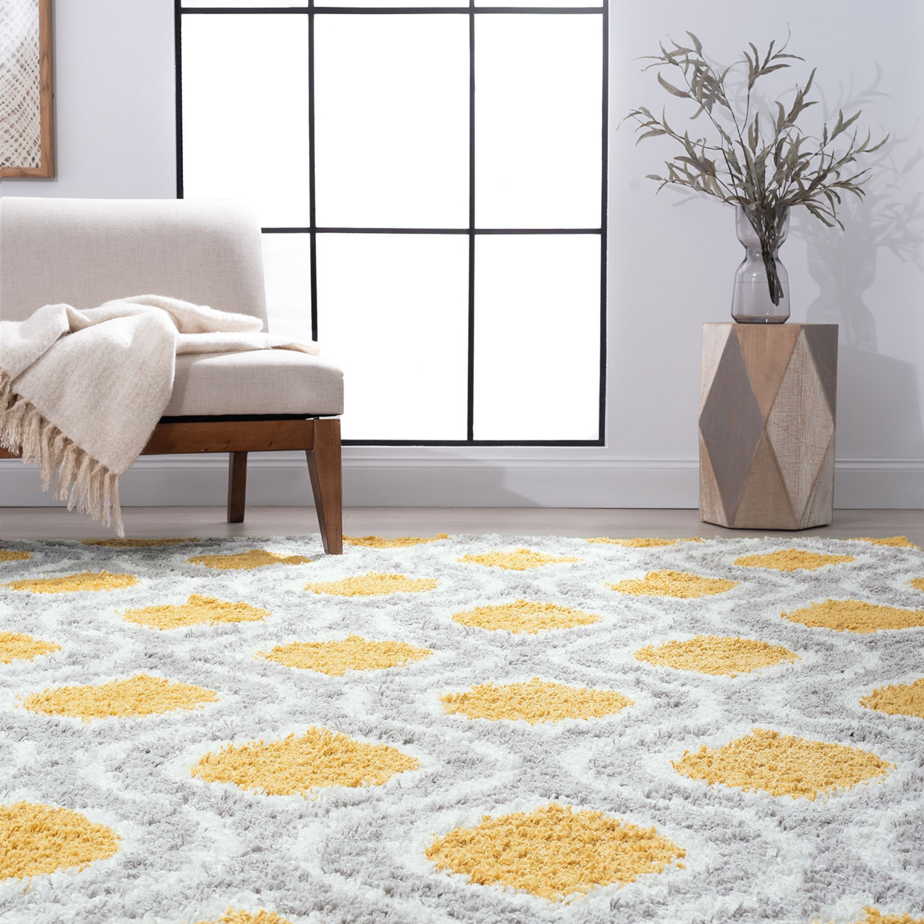 Contemporary 5x8 Area Rug Shag Thick (5'3'' x 7'3'') Geometric Gold, Silver Living Room Easy to Clean