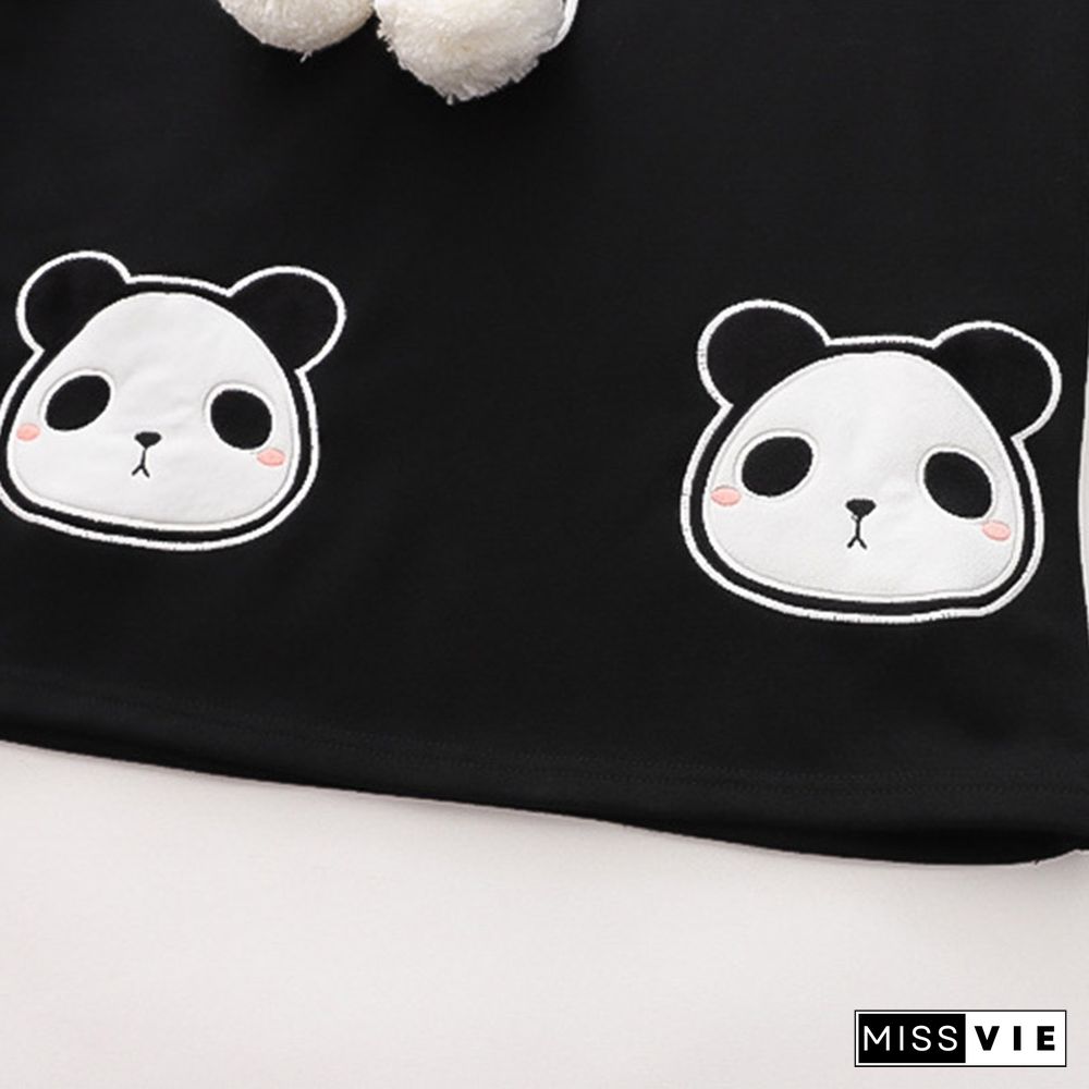 Cartoon Panda Letter Print Colorblock Plush Hoodie