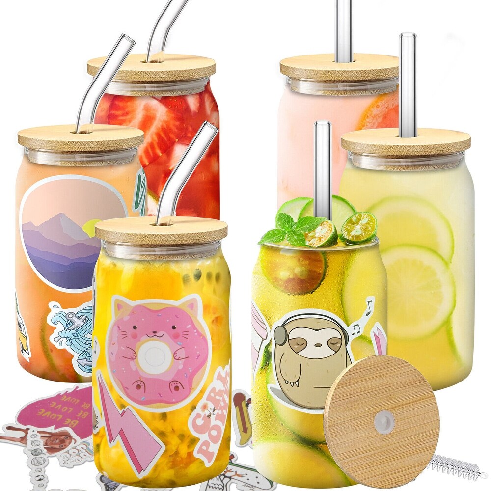 Set of 6 Can Shape Glasses with Lids   Glass Straw