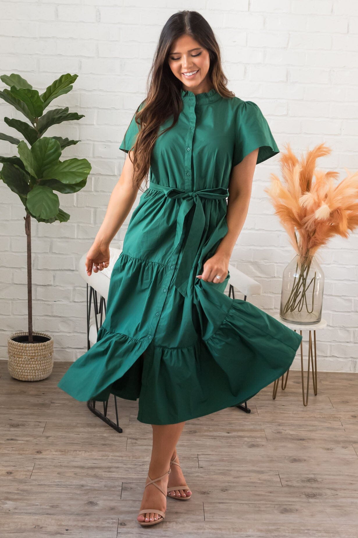 Autumn Ruffle Dress-Emerald Green