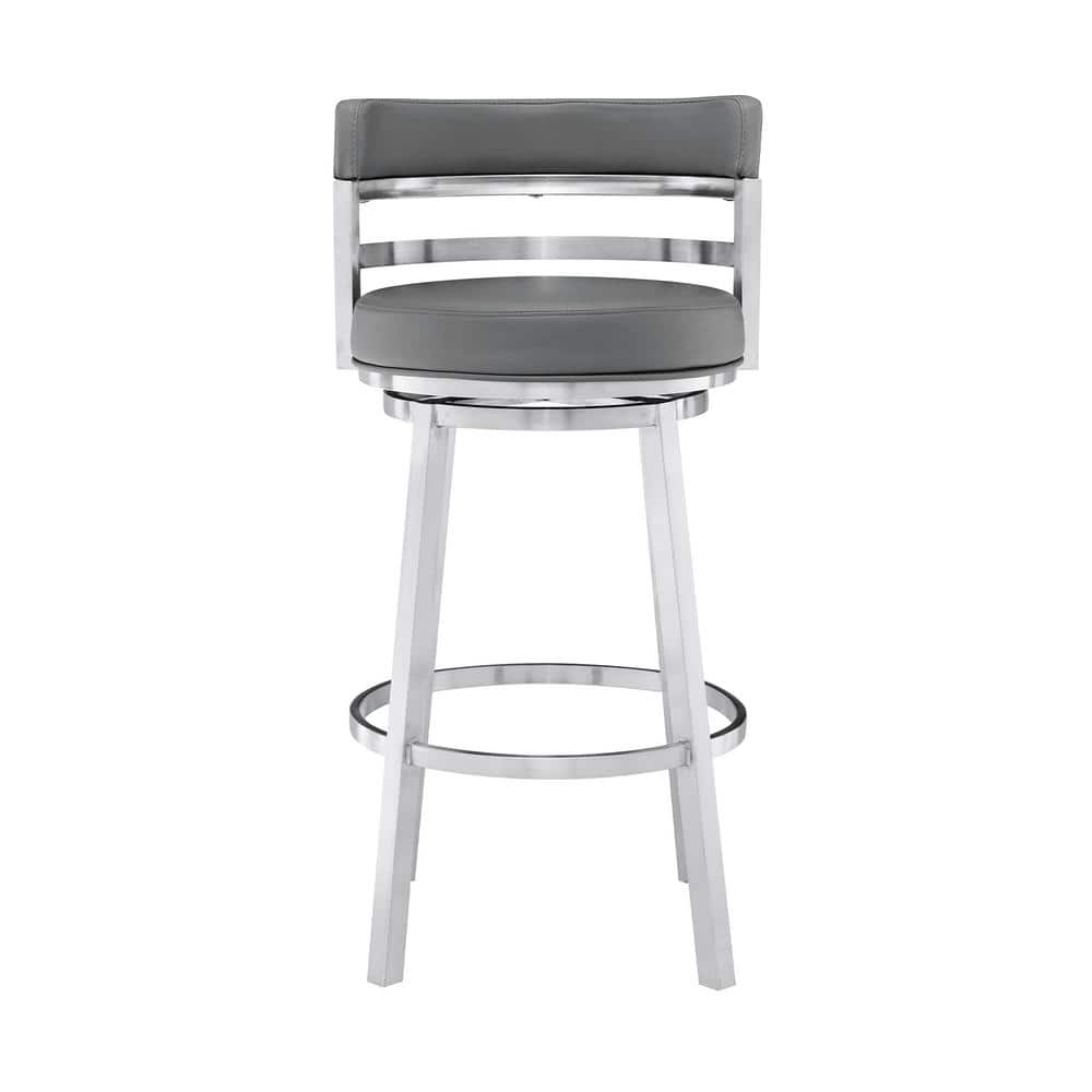 Armen Living Rayner Contemporary 30 in. Bar Height in Brushed Stainless Steel Finish and Grey Faux Leather Bar Stool 721535738182