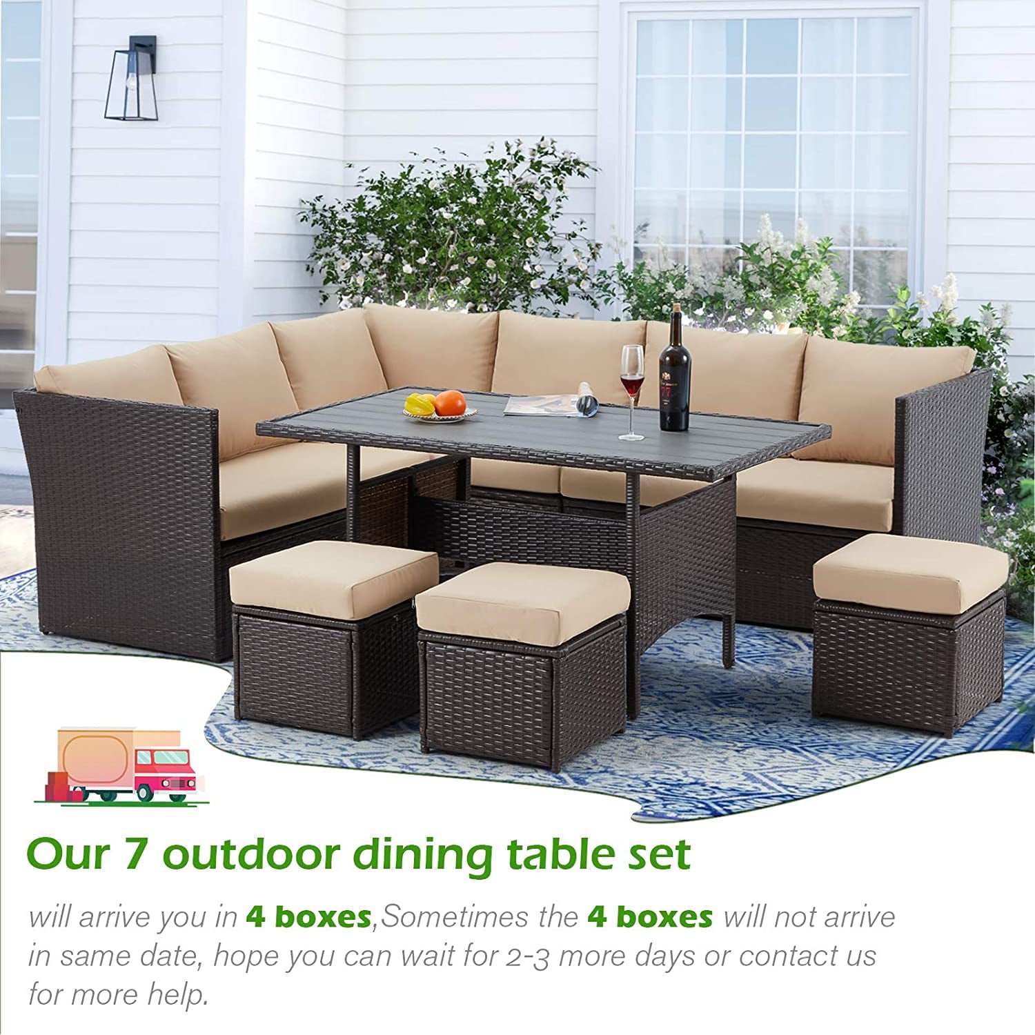 AECOJOY 7 Piece Patio Conversation Set, Outdoor Sectional Sofa Rattan Wicker Dining Furniture, Beige