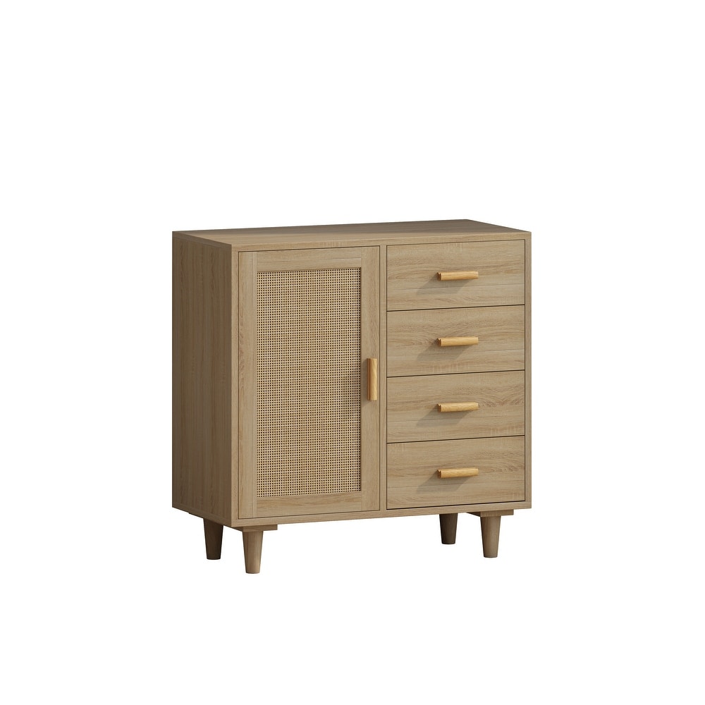 4 Drawers Wooden Cabinet with Rattan Decorative Doors for Bedroom Living Room Dining Room Hallways