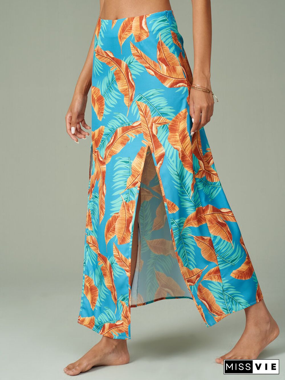 Women Tropical Leaves Print Double Slit Beach Skirt