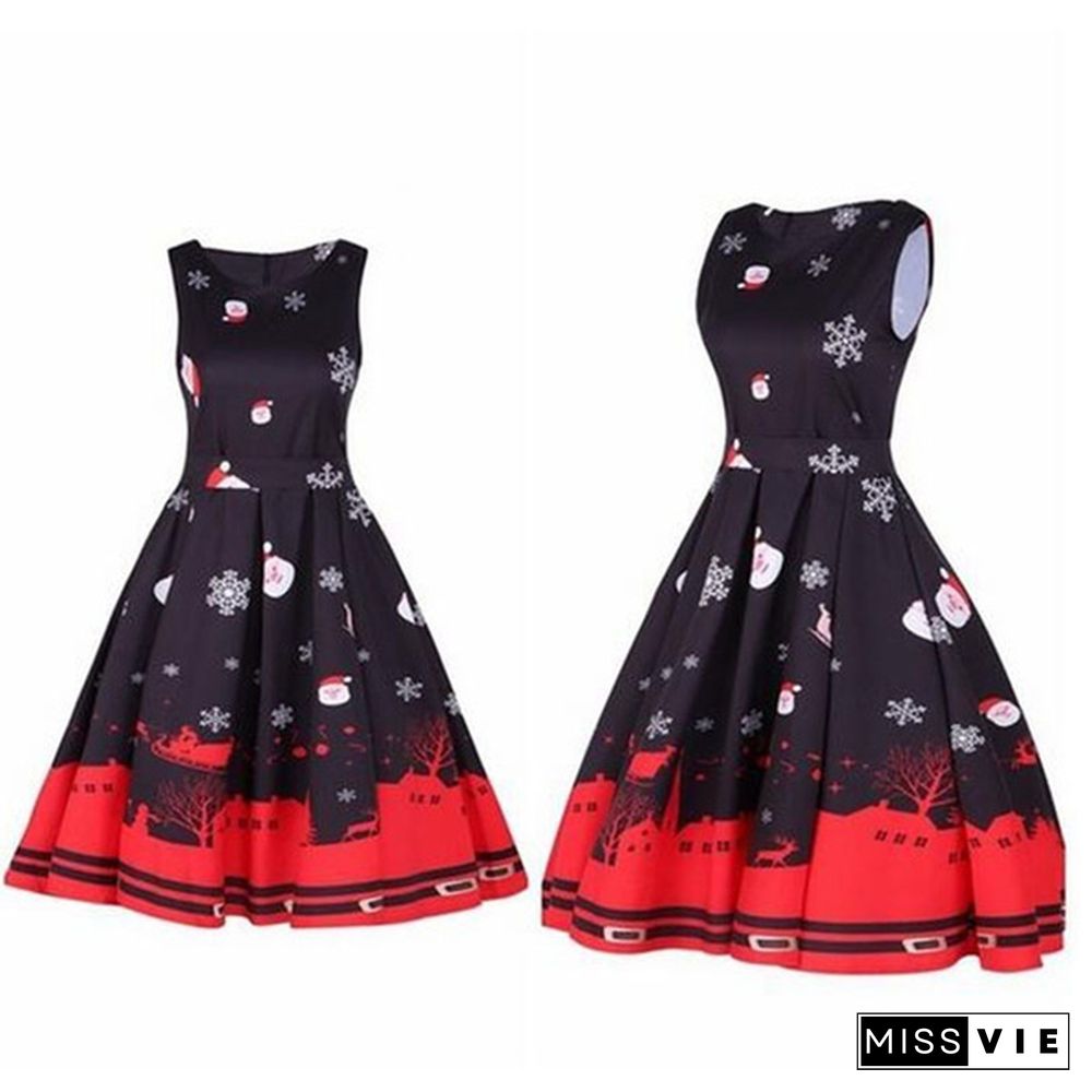 Christmas Dresses for Women Sleeveless Cocktail A-Line Xmas Santa Claus Snowflake Christmas Party Dress Retro Vintage Style Cocktail Party Swing Dresses