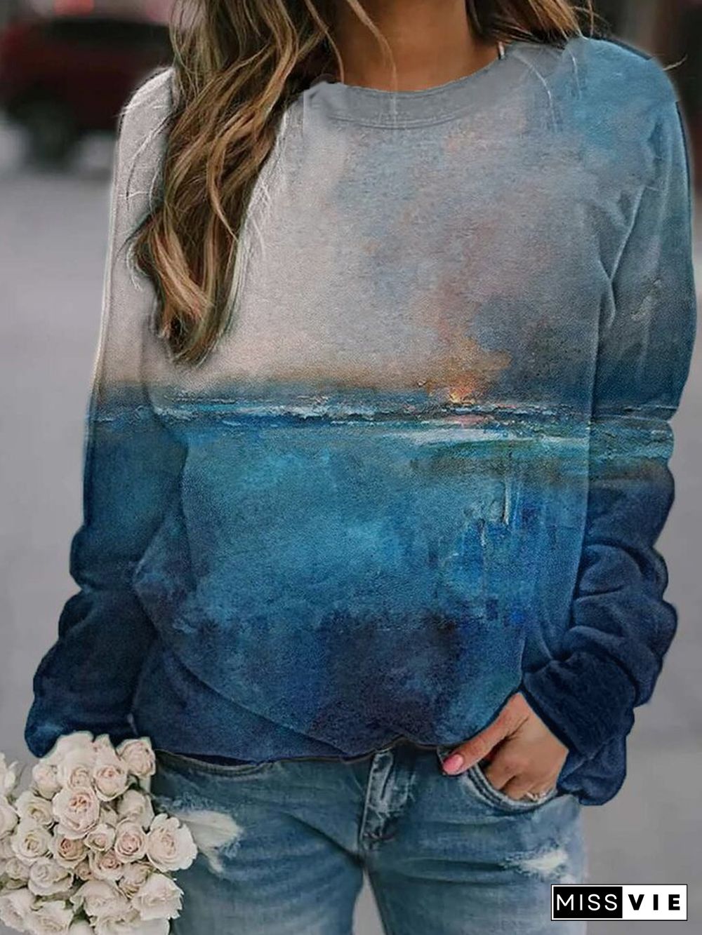 Art Oil Painting Long Sleeve Crew Neck Sweatshirts