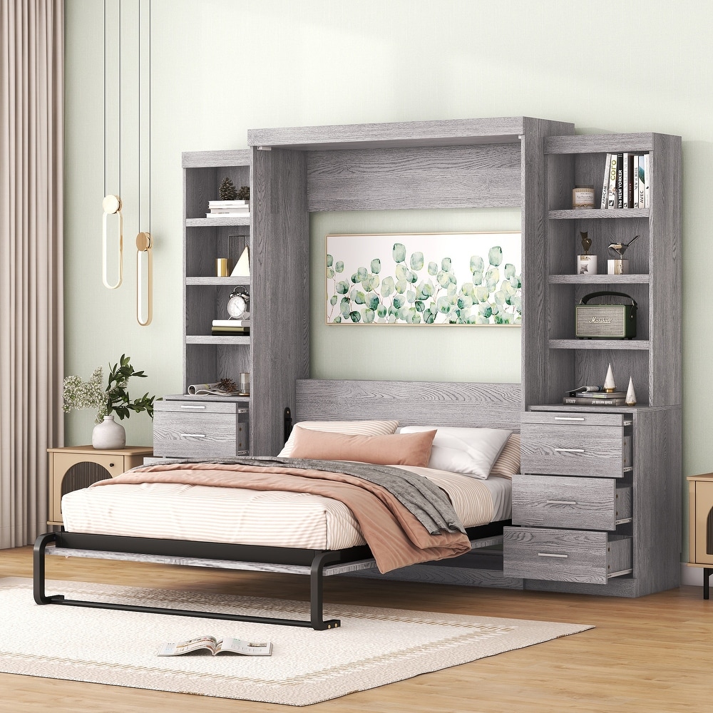 Full Wood Murphy Bed with Storage Shelves   Drawer  Modern Wall Bed Can Be Folded into a Cabinet  for Bedroom Living Room  Grey