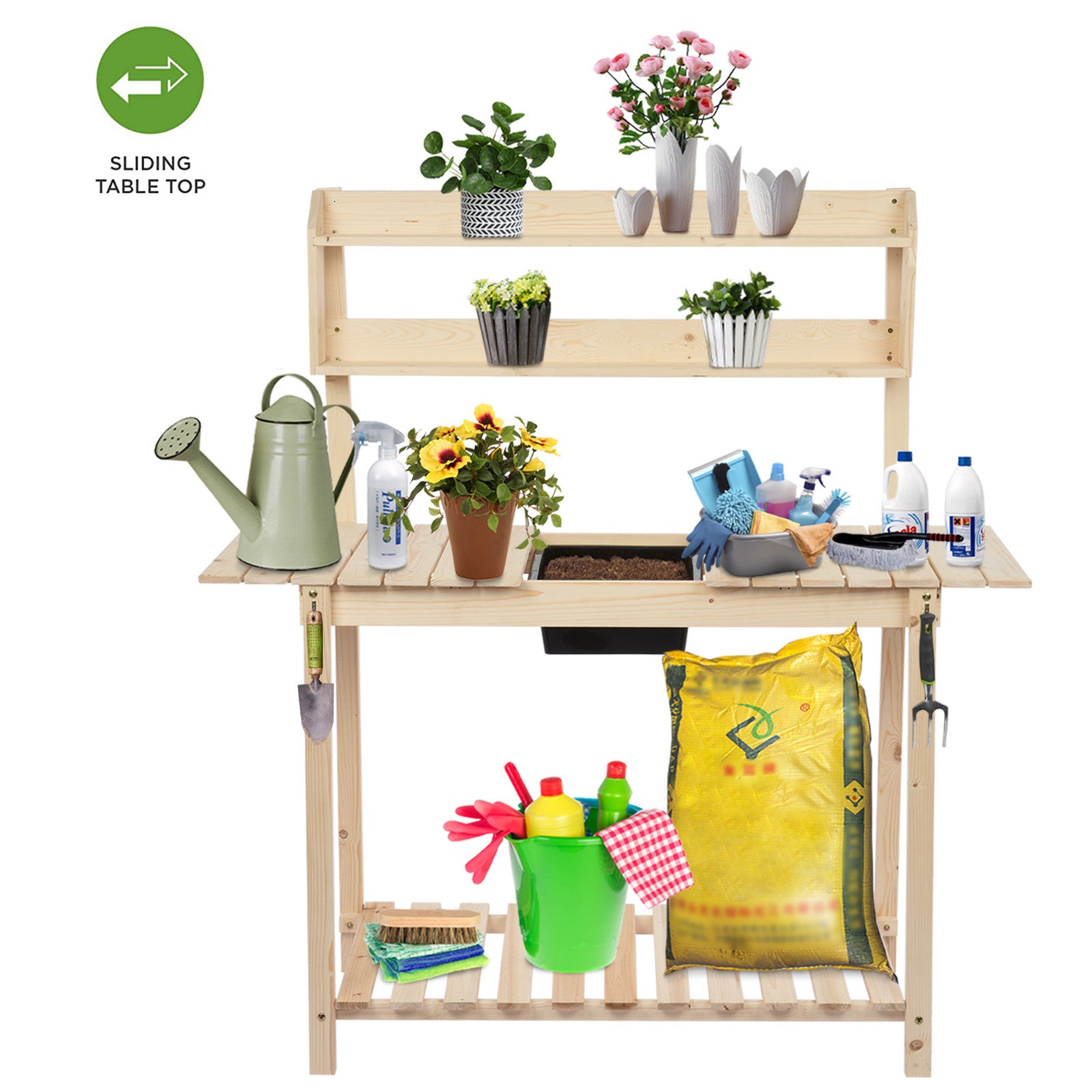 MIARHB Outdoor Garden Potted Workbench With Sliding Table Top And Natural Storage Shelf