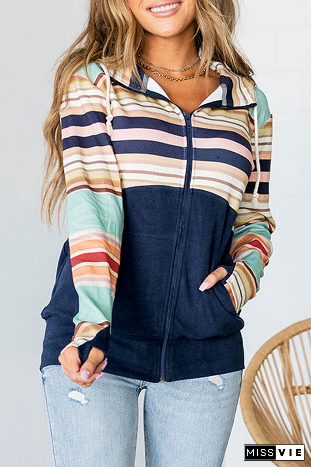 Blue Striped Color Block Thumbhole Sleeve Full Zip Hoodie