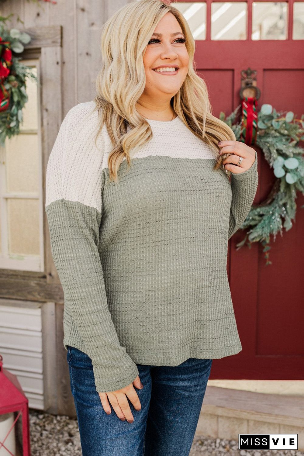 Green Plus Size Colorblock Knit Long Sleeve Top