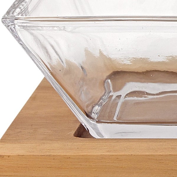 4 Mouth Blown Crystal Hostess Set 4 pc With 3 Glass Condiment or Dip Bowls on a Wood Tray - 5 W x 5 D x 12 H