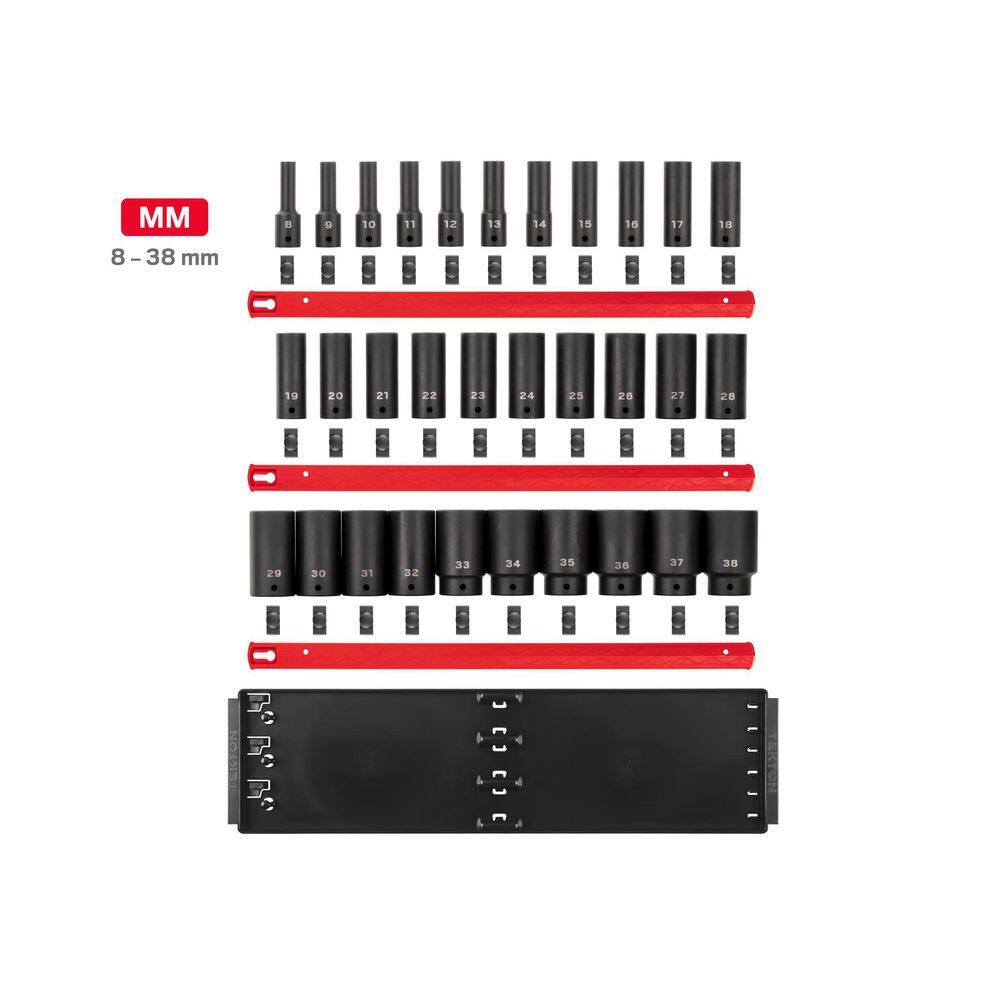 TEKTON SID92105 1/2 in. Drive Deep 6-Point Impact Socket Set (31-Piece) (8-38 mm) with Rails