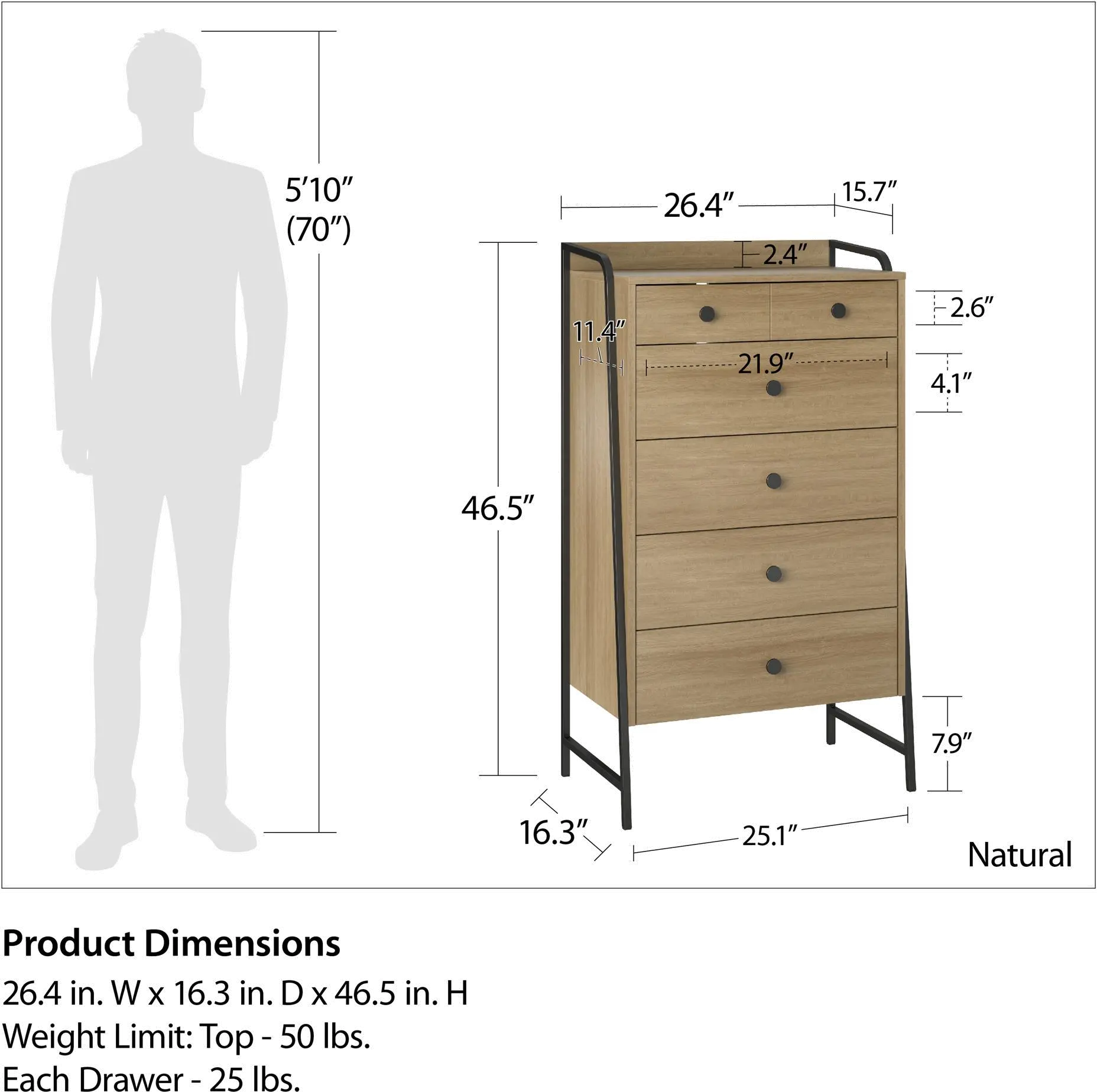 Bushwick Natural 5 Drawer Chest of Drawers