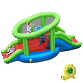 Gymax Inflatable Snail Bounce House Dual Slide Basketball Game with 480-Watt Blower GYM06910