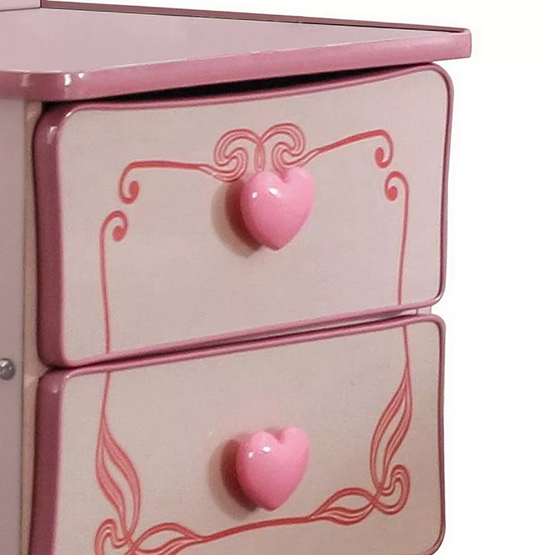 2 Drawer Wooden Nightstand with Heart Knob Pulls， Pink