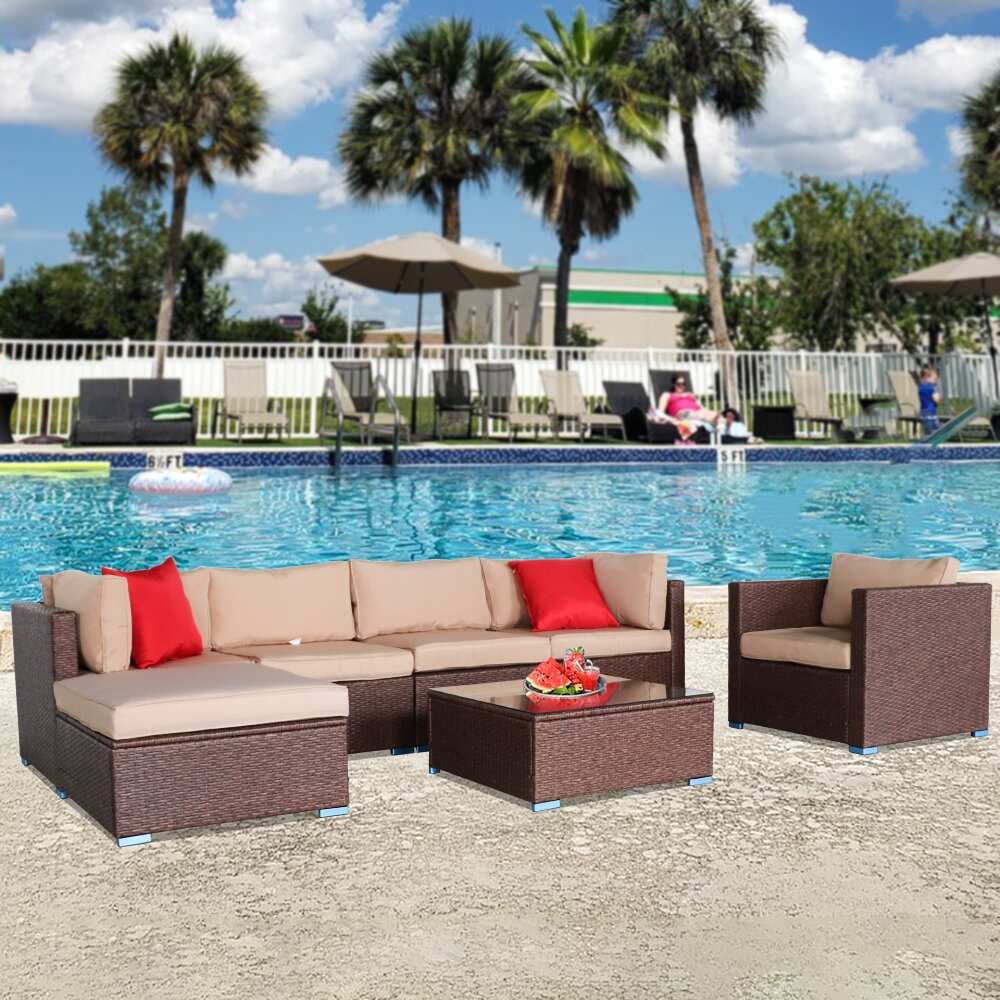 7 Pieces Wood Grain Patio PE Wicker Rattan Sectional Sofa Set