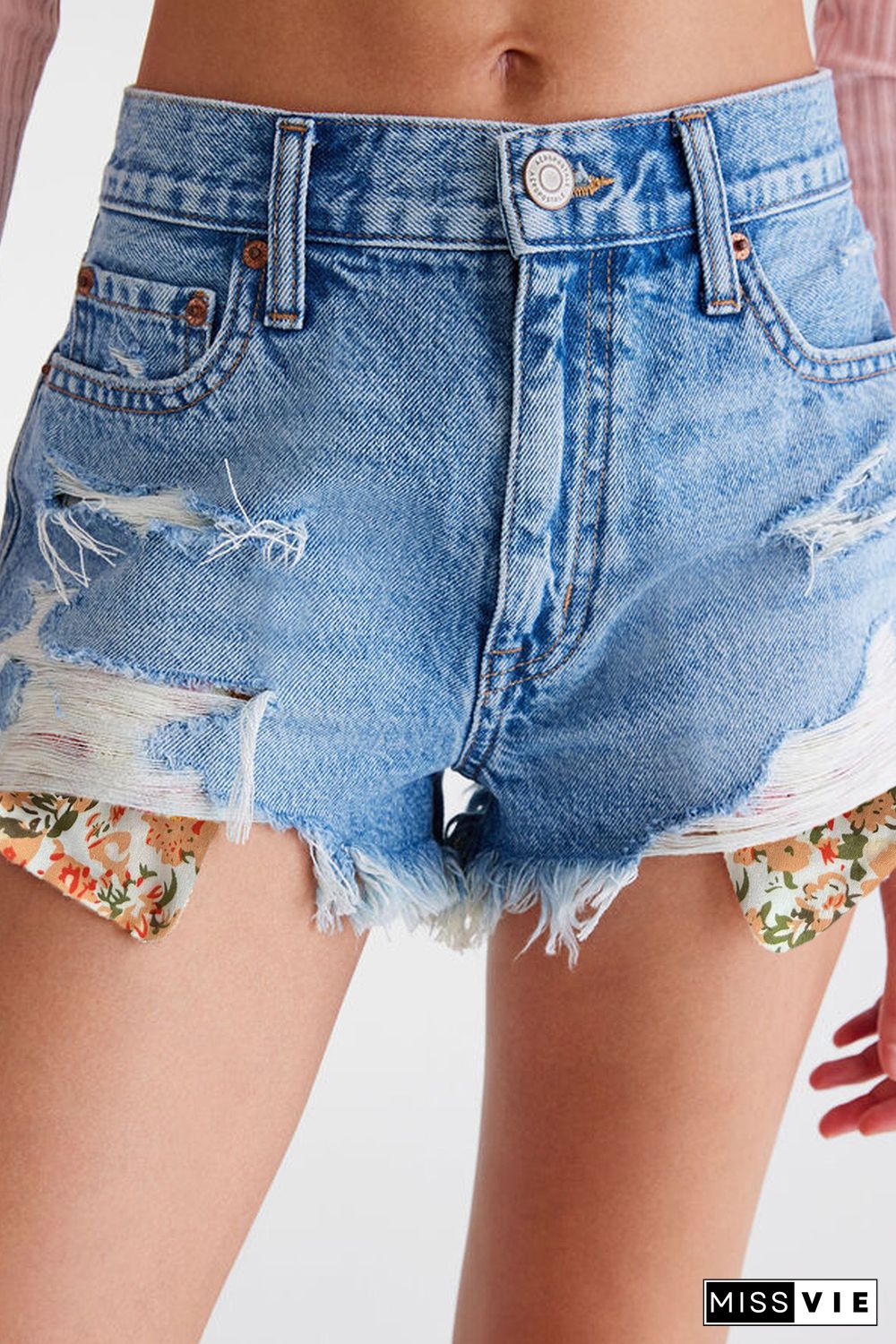 Sky Blue Floral Knit Insert Distressed Raw Hem Denim Shorts