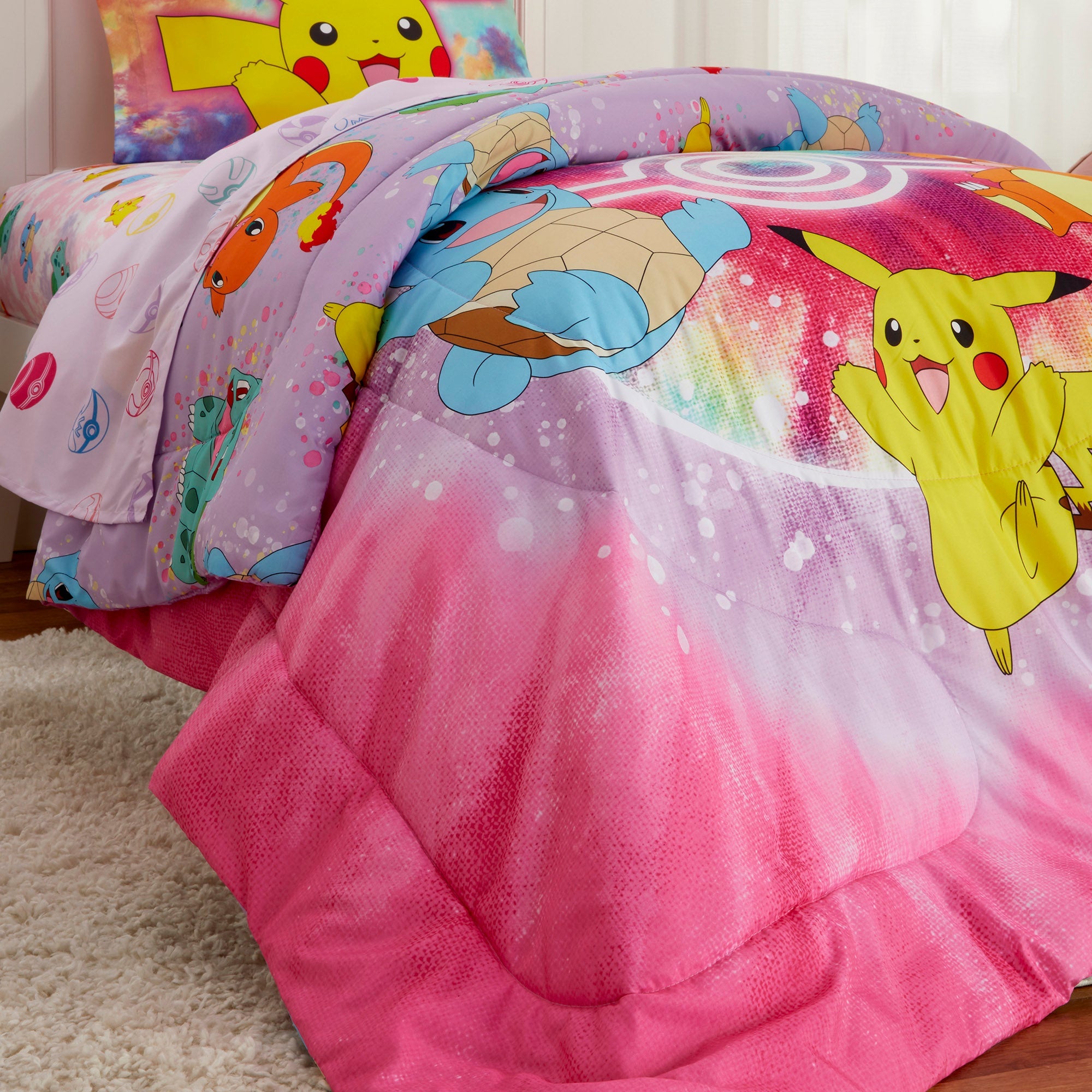 Pokémon Kids Twin Bed in a Bag, Tie-Dye, Gaming Bedding, Comforter and Sheets, Purple