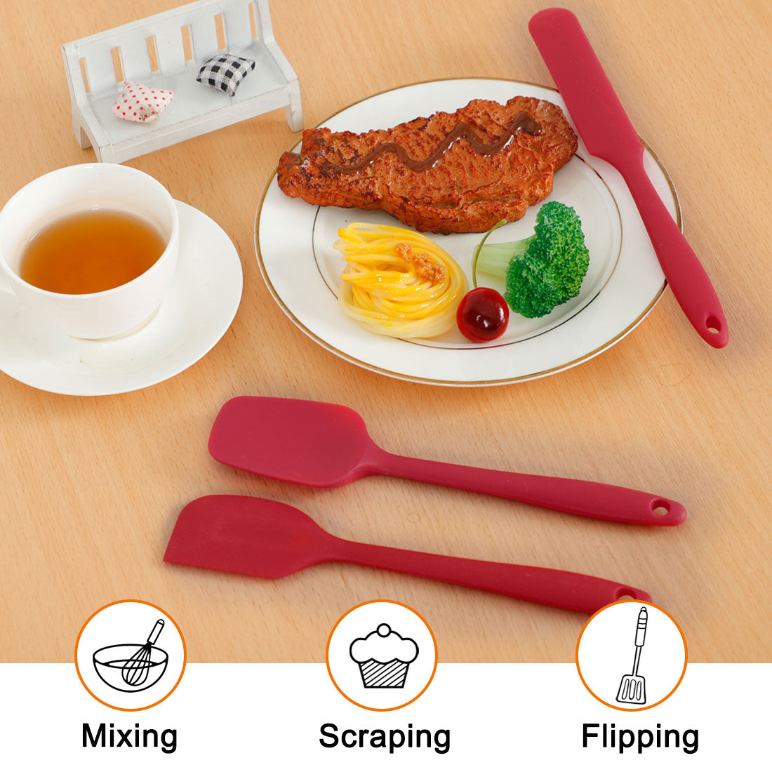 Uxcell Kitchen Cooking Silicone Spatula Set Heat Resistant Scraping Baking Utensils Red 3 Pieces