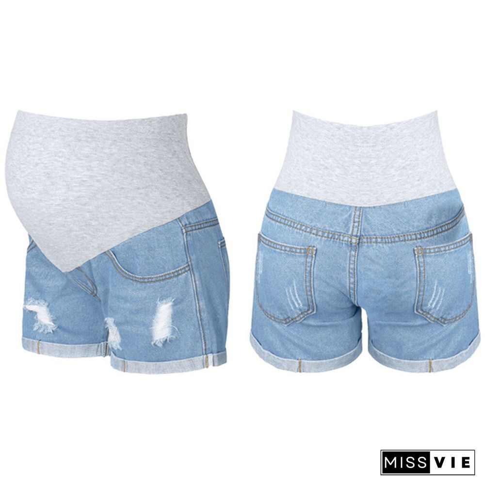 Maternity Shorts for Pregnant Women Denim Shorts Pregnancy Low Waist Loose Ripped Denim Shorts