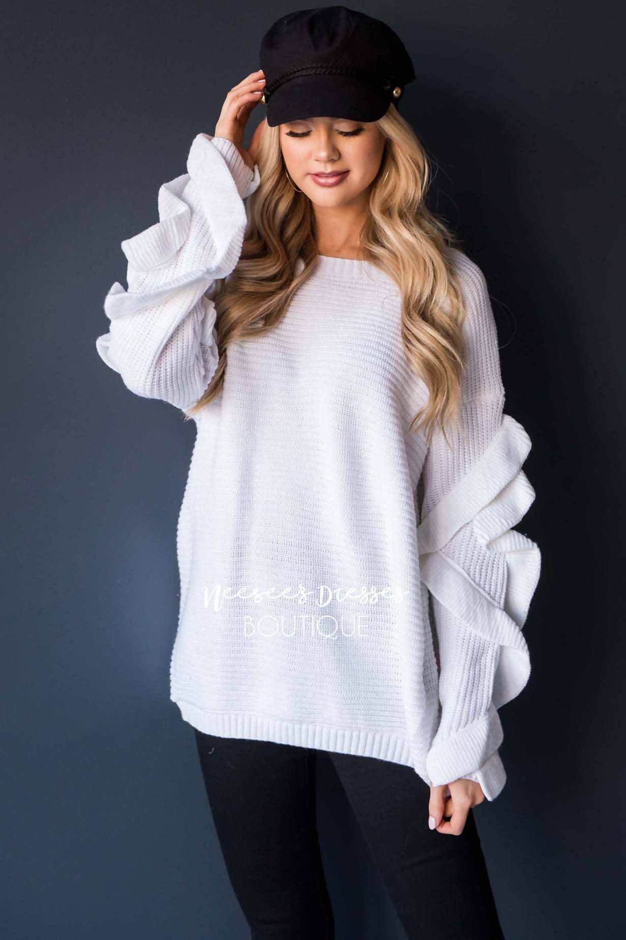 White Ruffle Sleeve Sweater