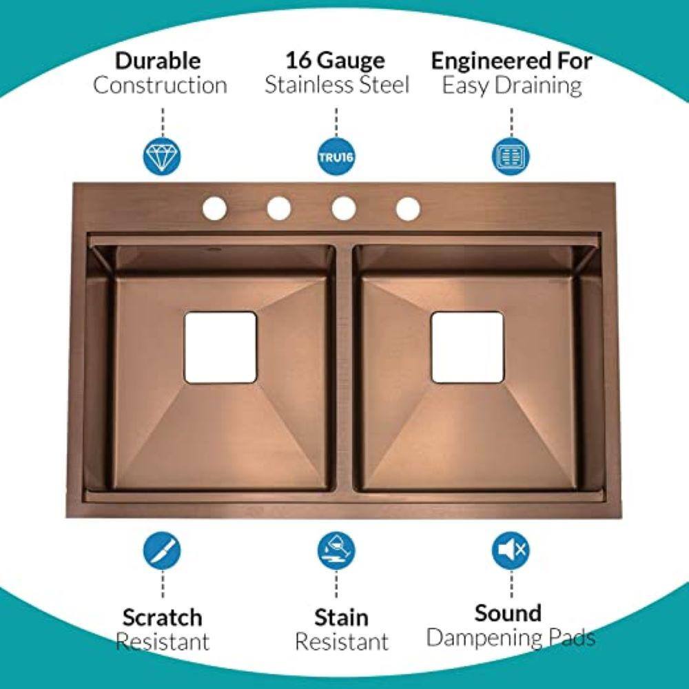 S STRICTLY KITCHEN + BATH TMR5050WS-Copper 16 Gauge Stainless Steel 33 in. Double Bowl Drop-In Workstation Kitchen Sink with Square Drains TMR5050WS-C