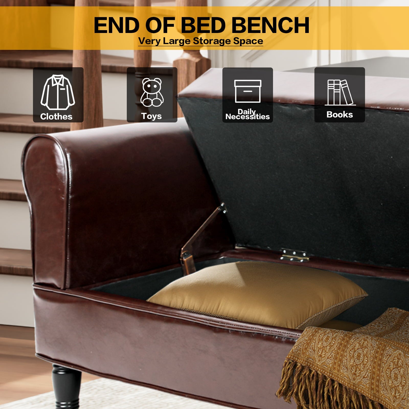 Babion Storage Bench , For Bedroom End of Bed Brown Rolled Armed PU Leather Ottoman Toy Storage Sofa , with 2 Ottoman Footstool